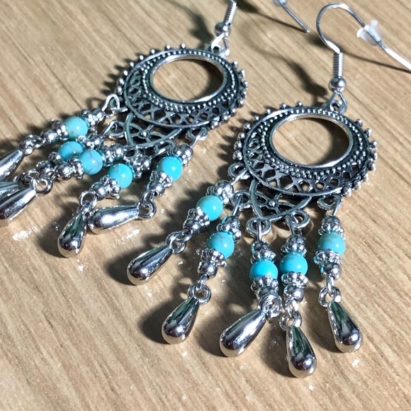 Round Drop Tassel Turquoise Filigree Boho Earrings - Picture 4 of 4